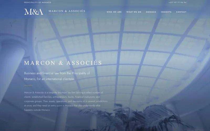 Page d'accueil du site Marcon & Associés, Cabinet d'avocats d'affaires, Monaco