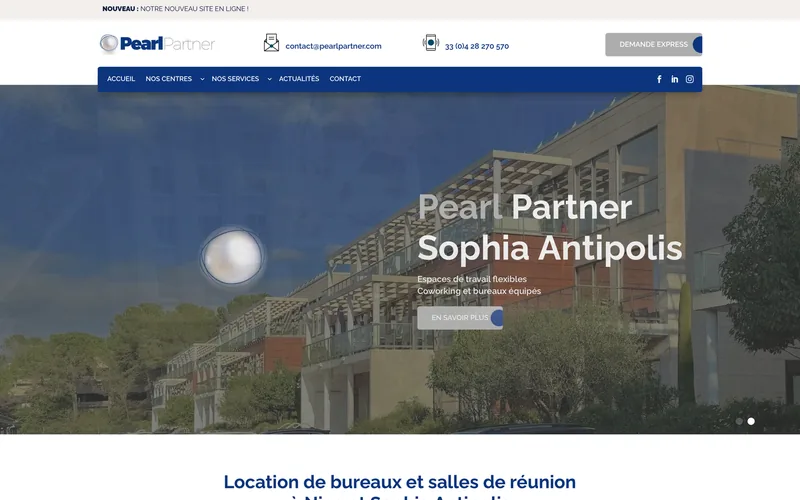 Page d'accueil du site Pearl Partner, Bureaux et coworking, Sophia Antipolis et Nice