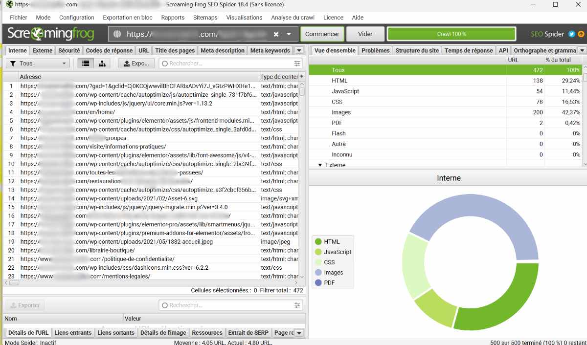 screenshot de ScreamingFrog outil gratuit pour le SEO