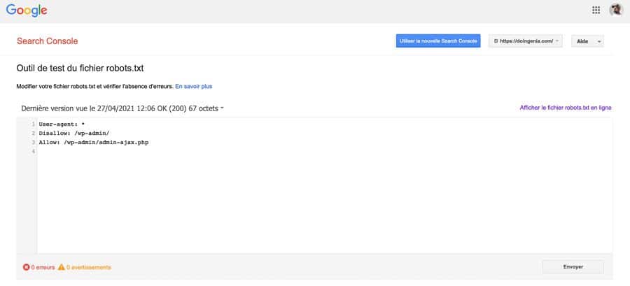 Outil de test de Google pour le fichier Robots.txt