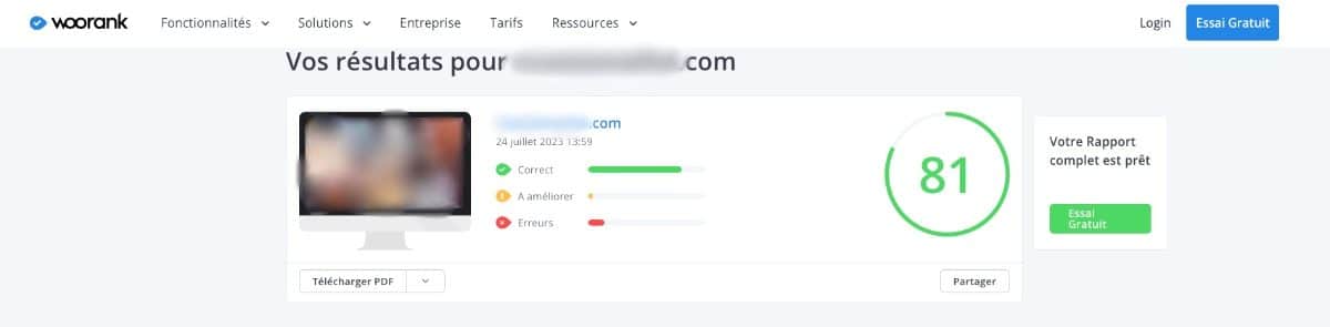 screenshot de Woorank outil gratuit pour le SEO