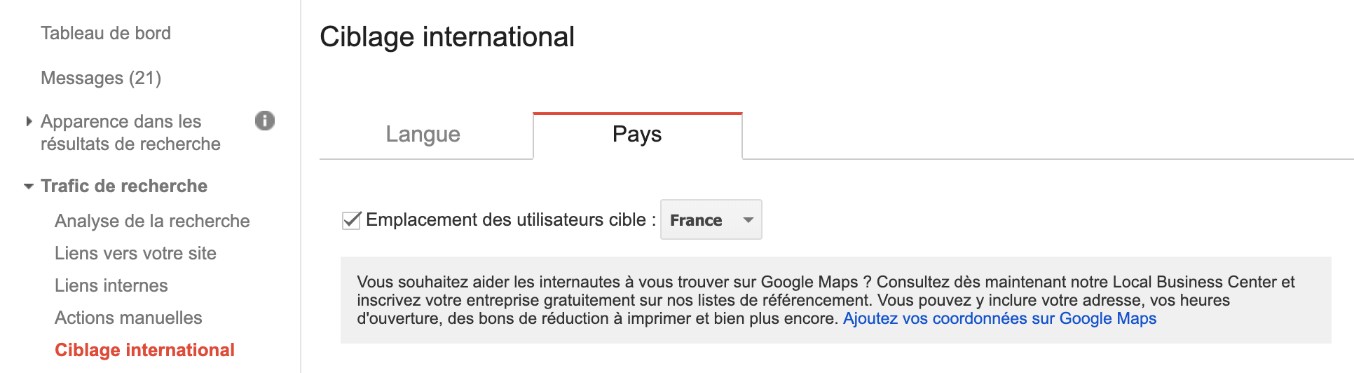Ciblage international - Google Search Console