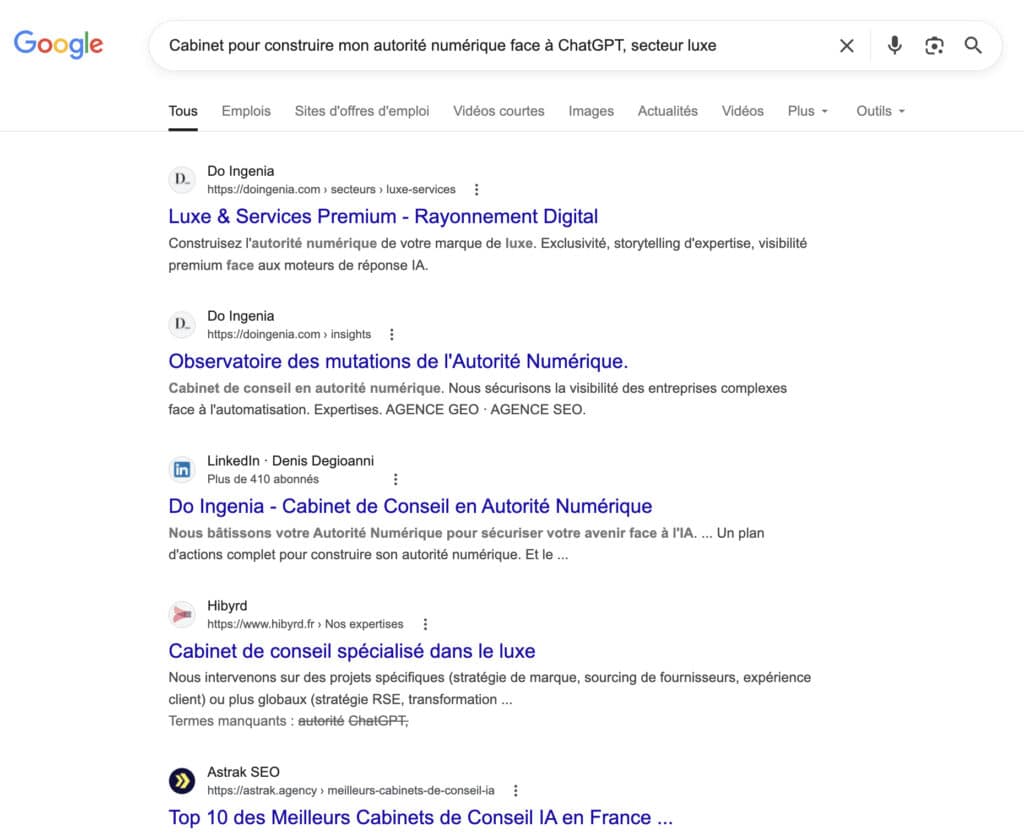Résultats Google sur la requete : Cabinet pour construire mon autorité numérique face à ChatGPT, secteur luxe