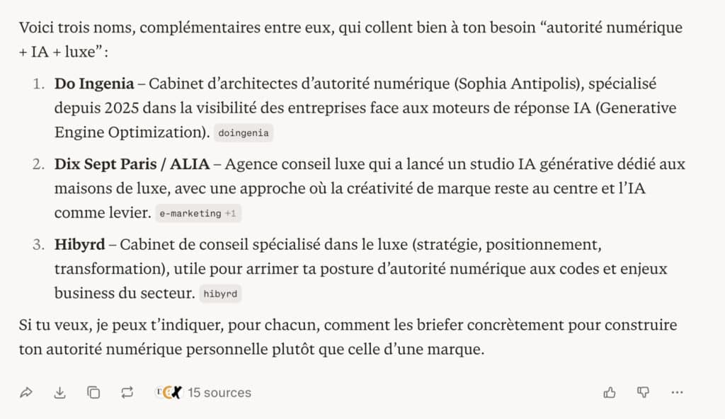 Résultats Perplexity sur le nom de 3 cabinets