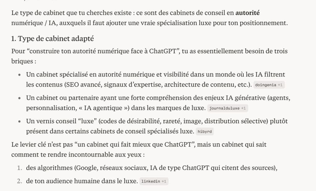 Résultats Perplexity sur la requete : Cabinet pour construire mon autorité numérique face à ChatGPT, secteur luxe