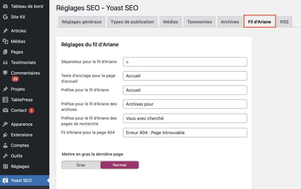 Réglages Yoast fil d'Ariane WordPress
